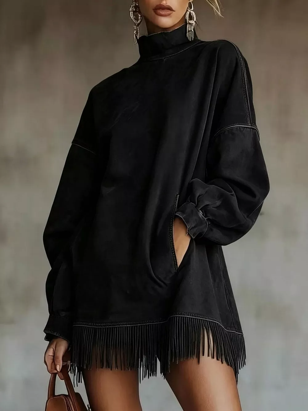 Suede Mock Neck Fringed Mini Dress, image 7