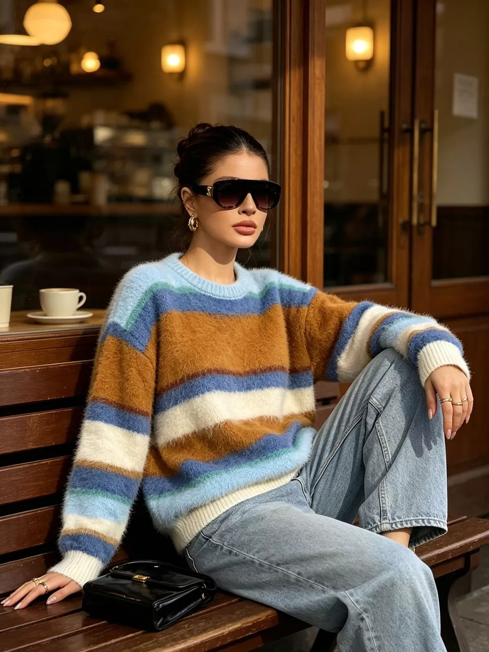 Fuzzy Striped Crew Neck Sweater, image 4