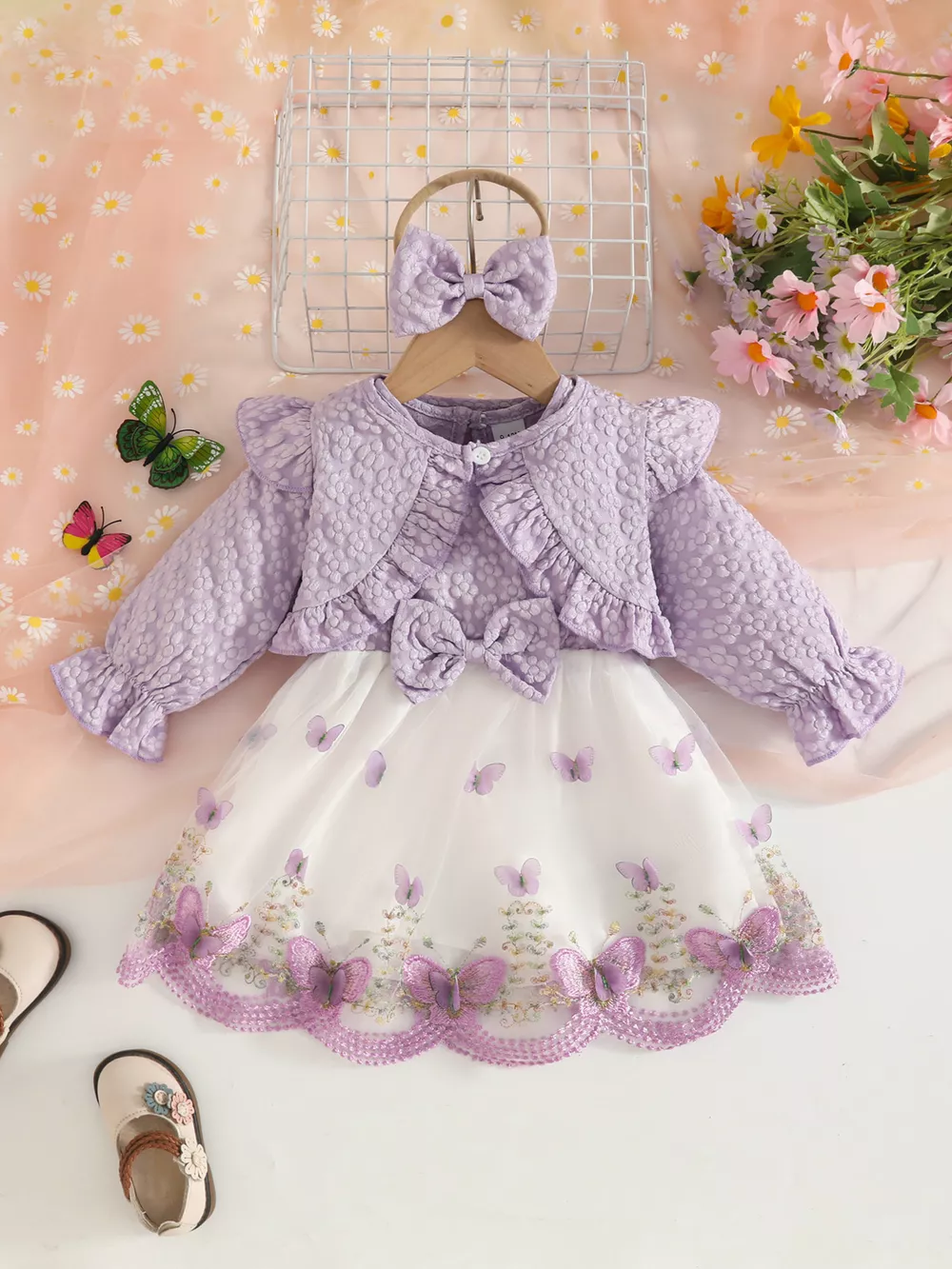 Children's Floral and Butterfly Dress and Cardigan Set with Headband, image 9