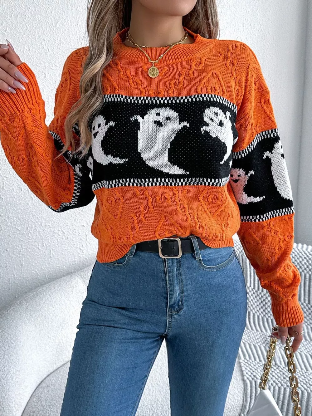 Halloween Ghost Pattern Textured Sweater, image 8