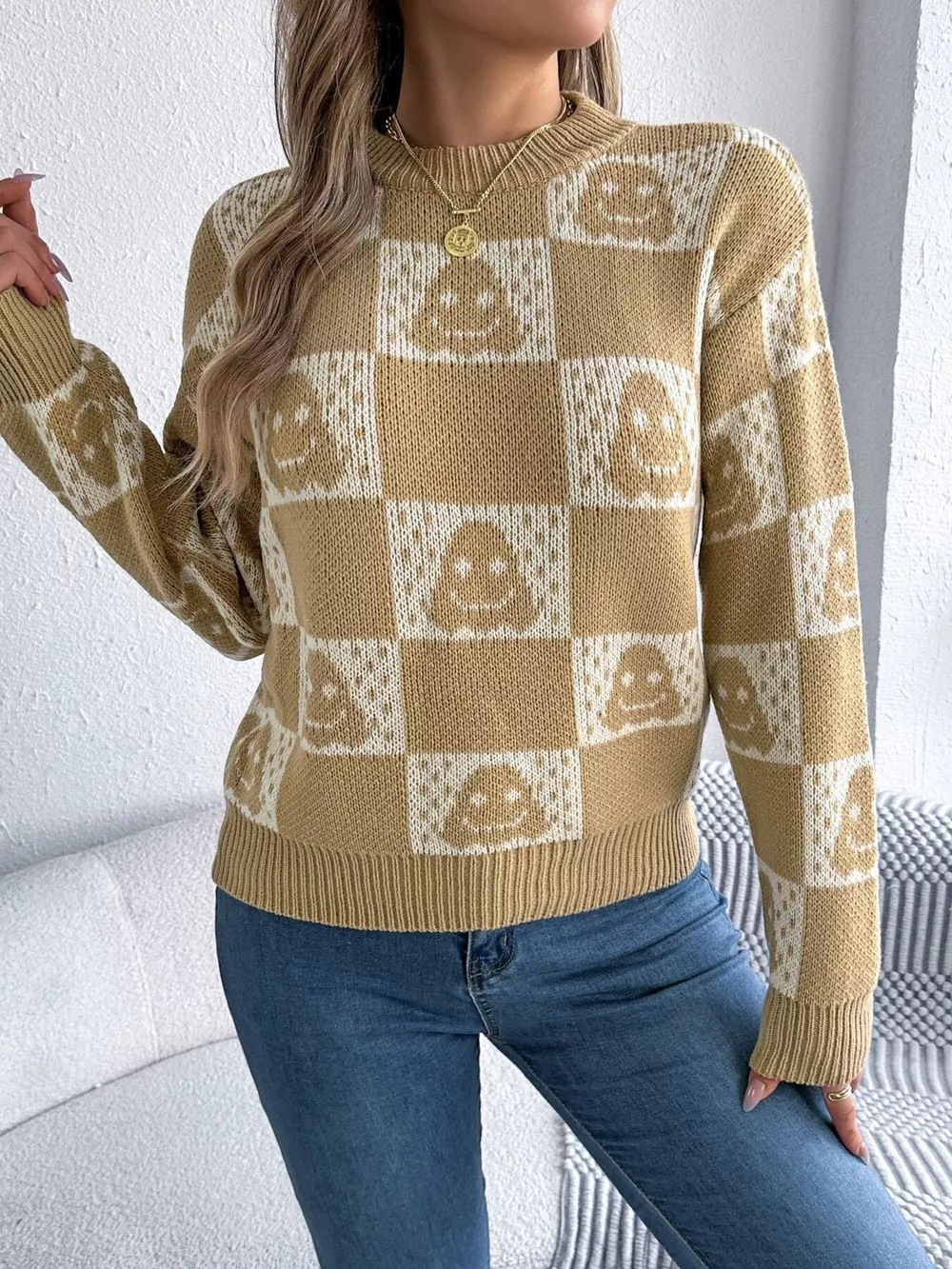 Halloween Ghost Pattern Checkered Round Neck Sweater, image 10