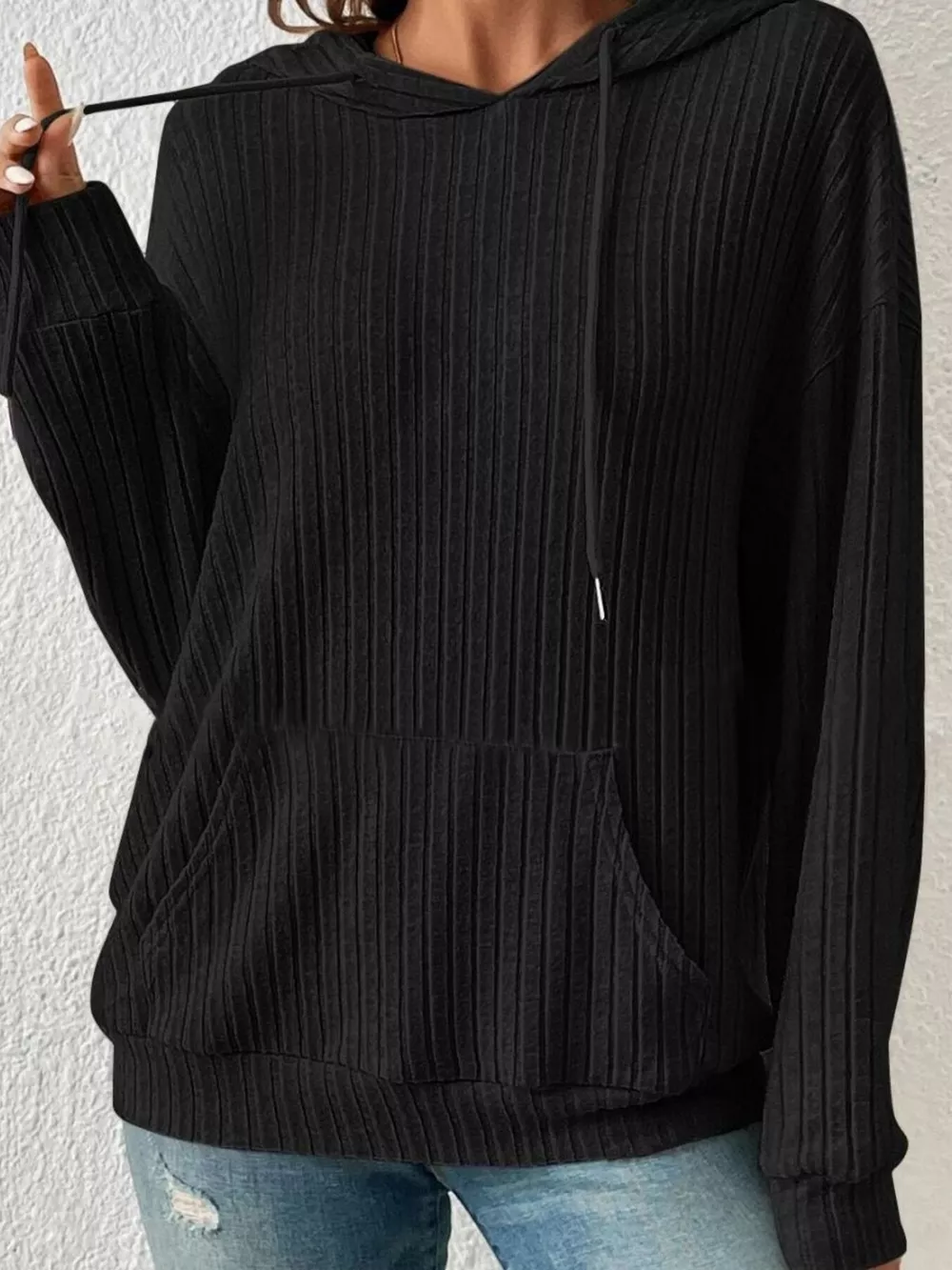 Ribbed Knit Long Sleeve Drawstring Hoodie, image 7