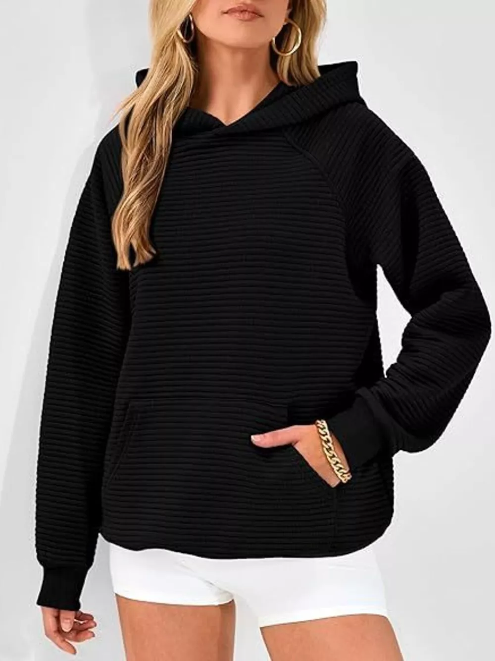 Texture Kangaroo Pocket Raglan Sleeve Hoodie, image 4