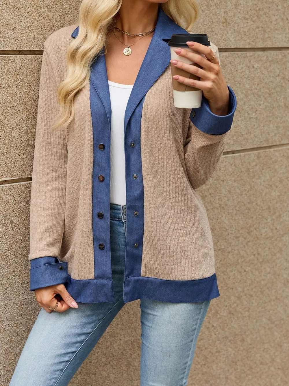 Contrast Denim Lapel Collar Outerwear, image 14