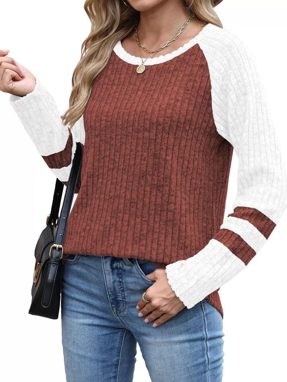 Ribbed Round Neck Raglan Sleeve Top, image 3