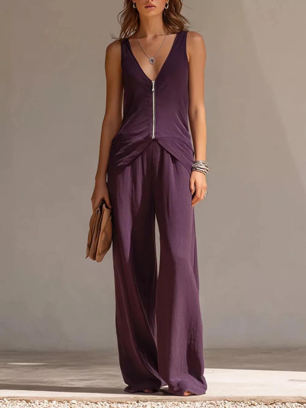 Full Size Zipper Front Tank and Wide-Leg Pants Set Plus Size, image 2