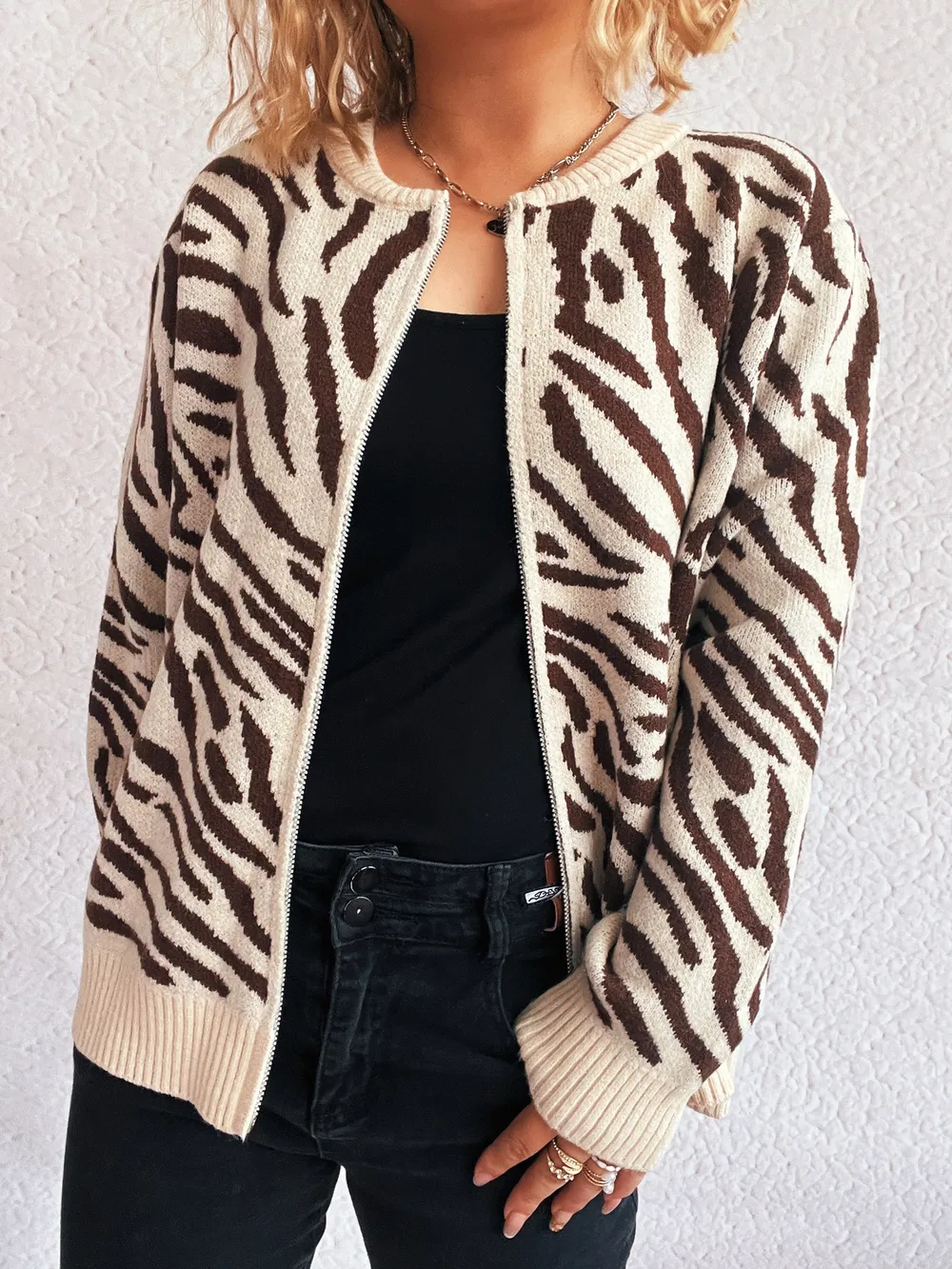 Zebra Print Zip Up Cardigan, image 10