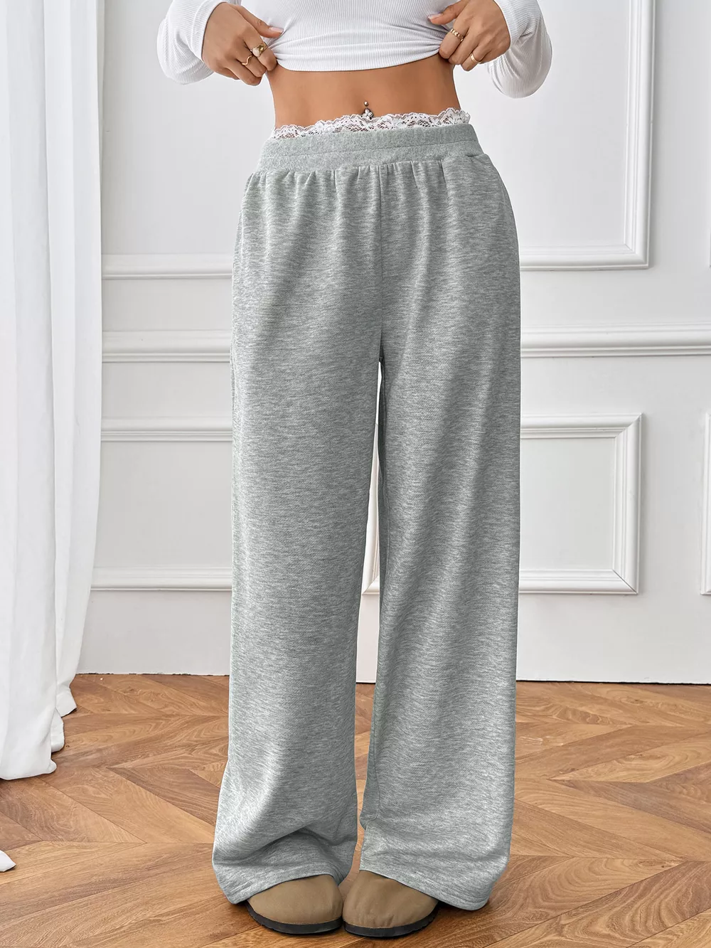 Lace Detail Wide Leg Casual Pants, image 14