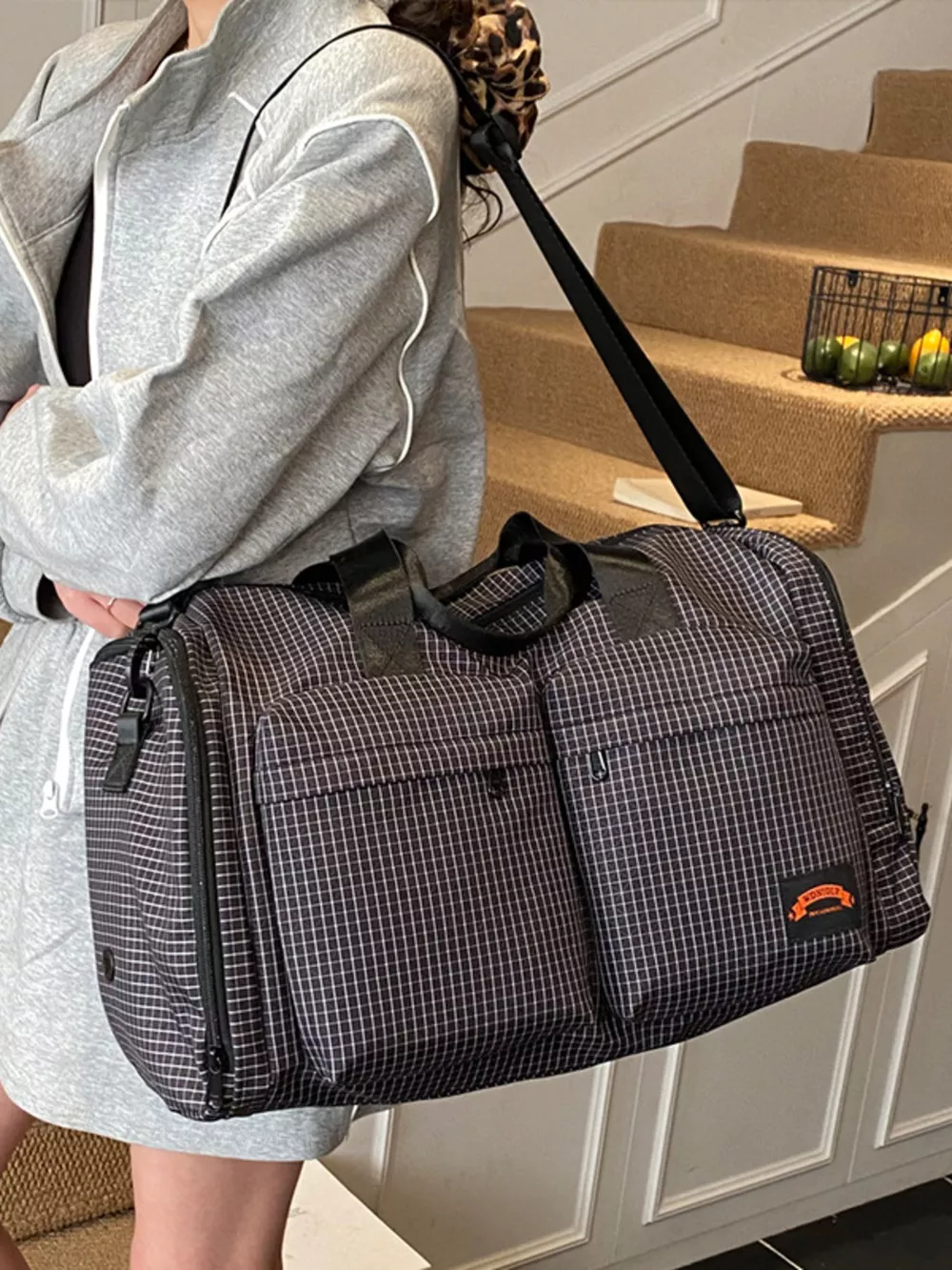 Plaid Duffel Bag with Multiple Pockets, image 2