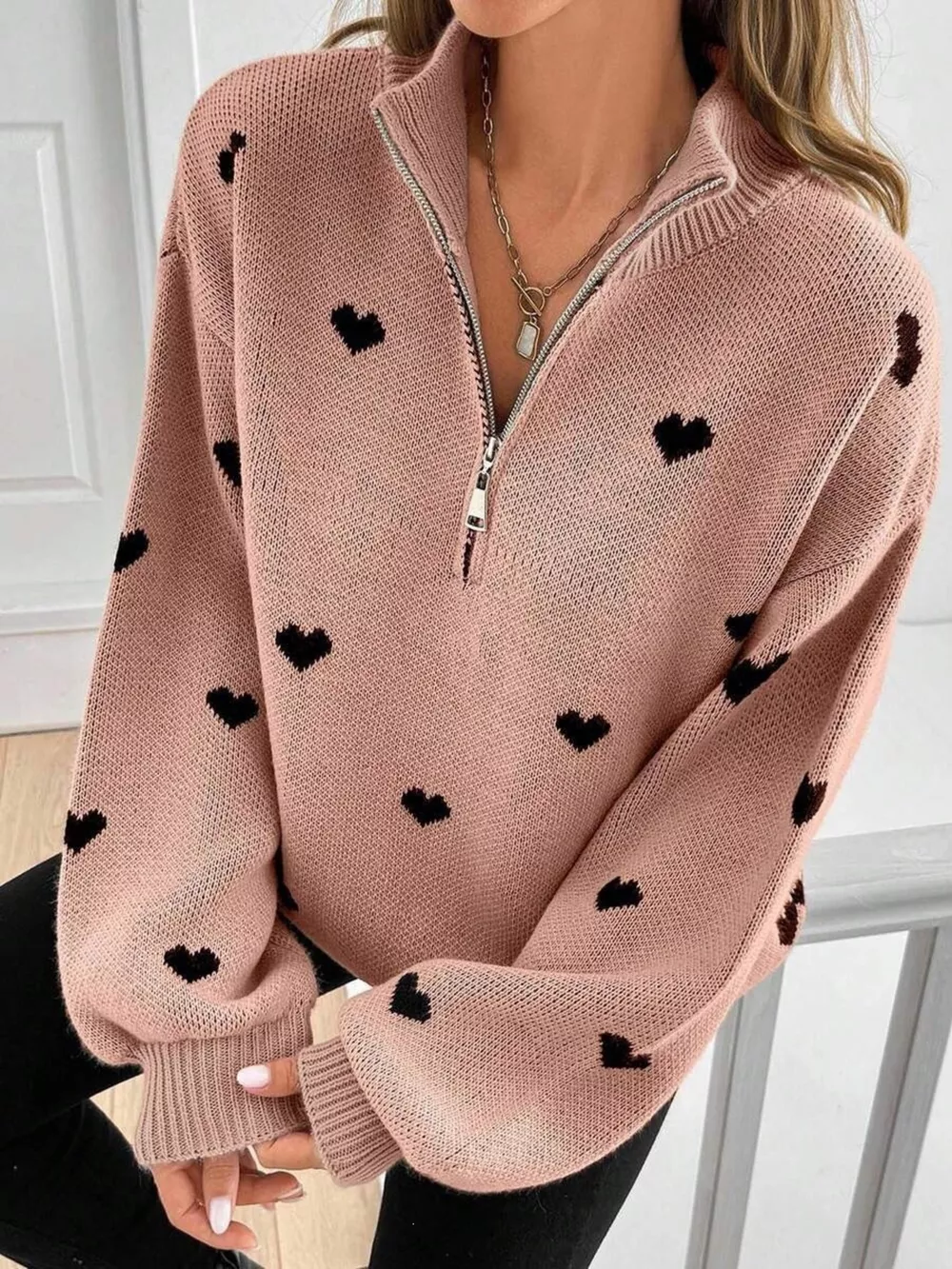 Full Size Heart Half-Zip Long Sleeve Sweater Plus Size, image 2