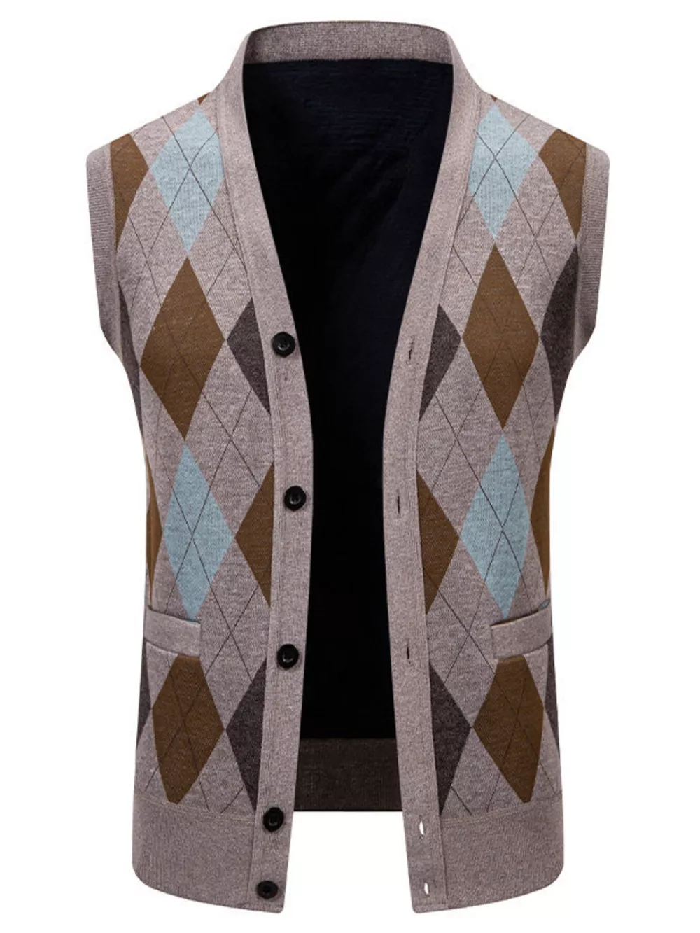 Men's Plus Size Argyle Pattern V-Neck Button-Down Cardigan Vest, image 5