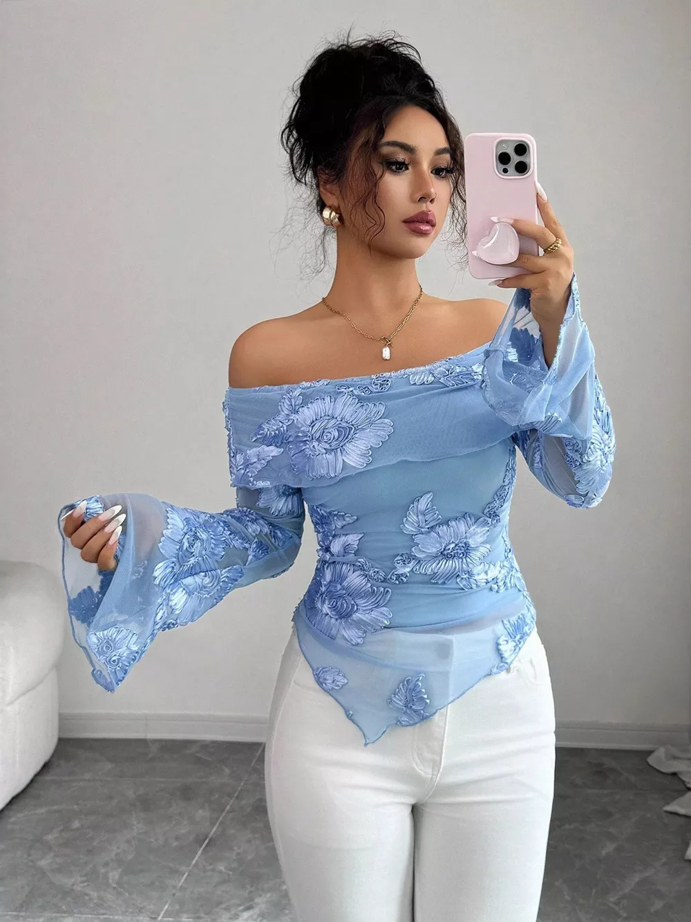 Floral Off-Shoulder Mesh Blouse, image 3