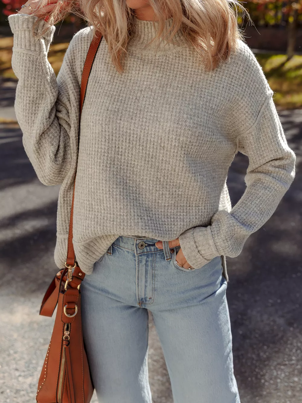 Waffle Texture Knit Ribbed High Neck Drop Shoulder Sweater, image 9