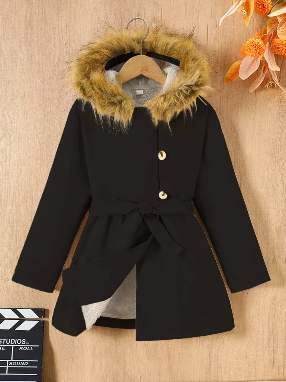 Children's Tie Waist Faux Fur Hooded Outerwear, image 5