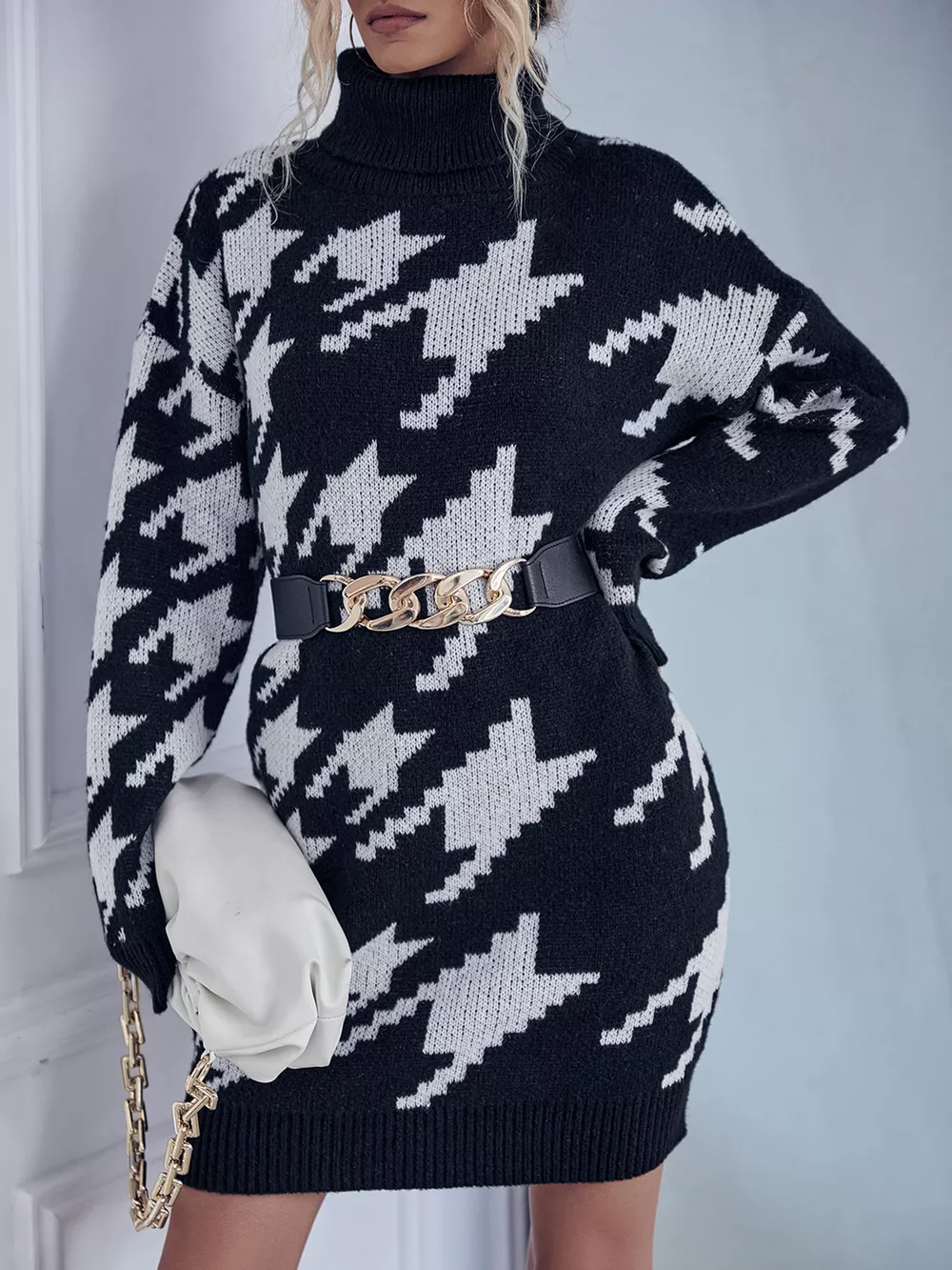 Houndstooth Pattern Turtleneck Sweater Dress
