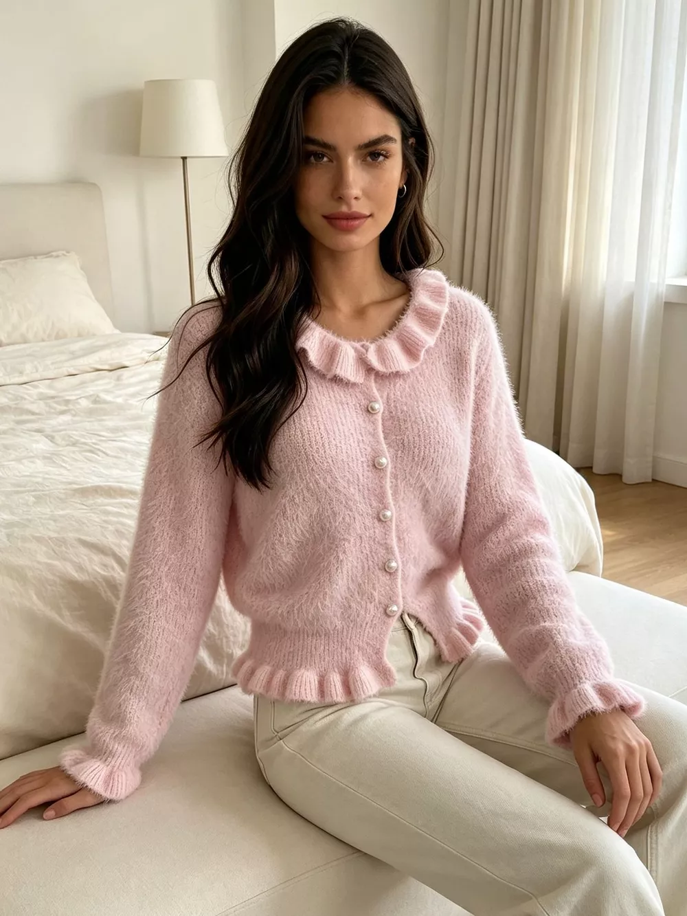Soft Fuzzy Cardigan with Ruffled Collar and Pearl Buttons, image 3