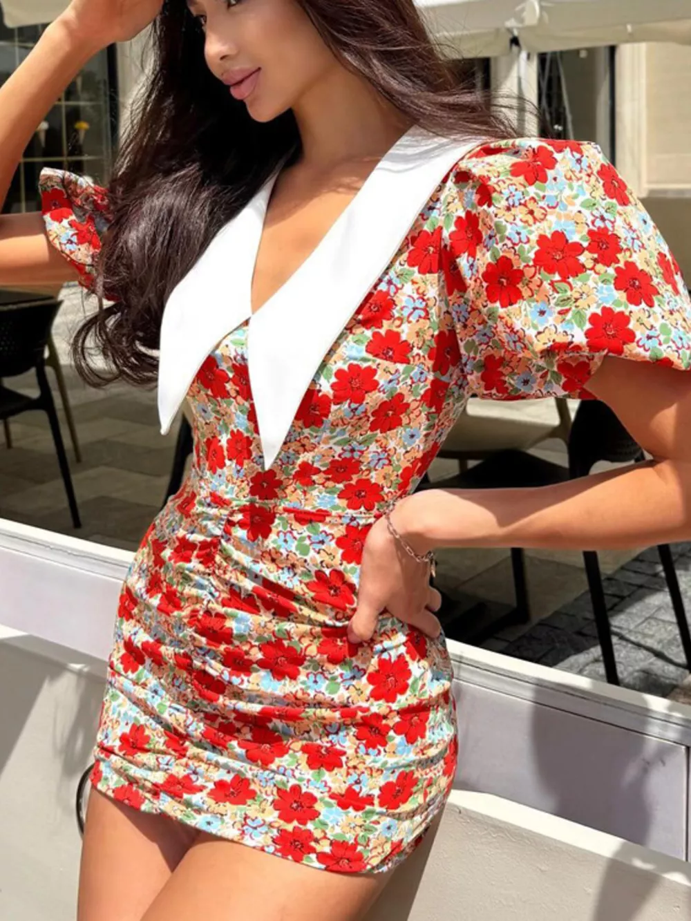 Ruched Floral Print Puff Sleeve Mini Dress, image 2