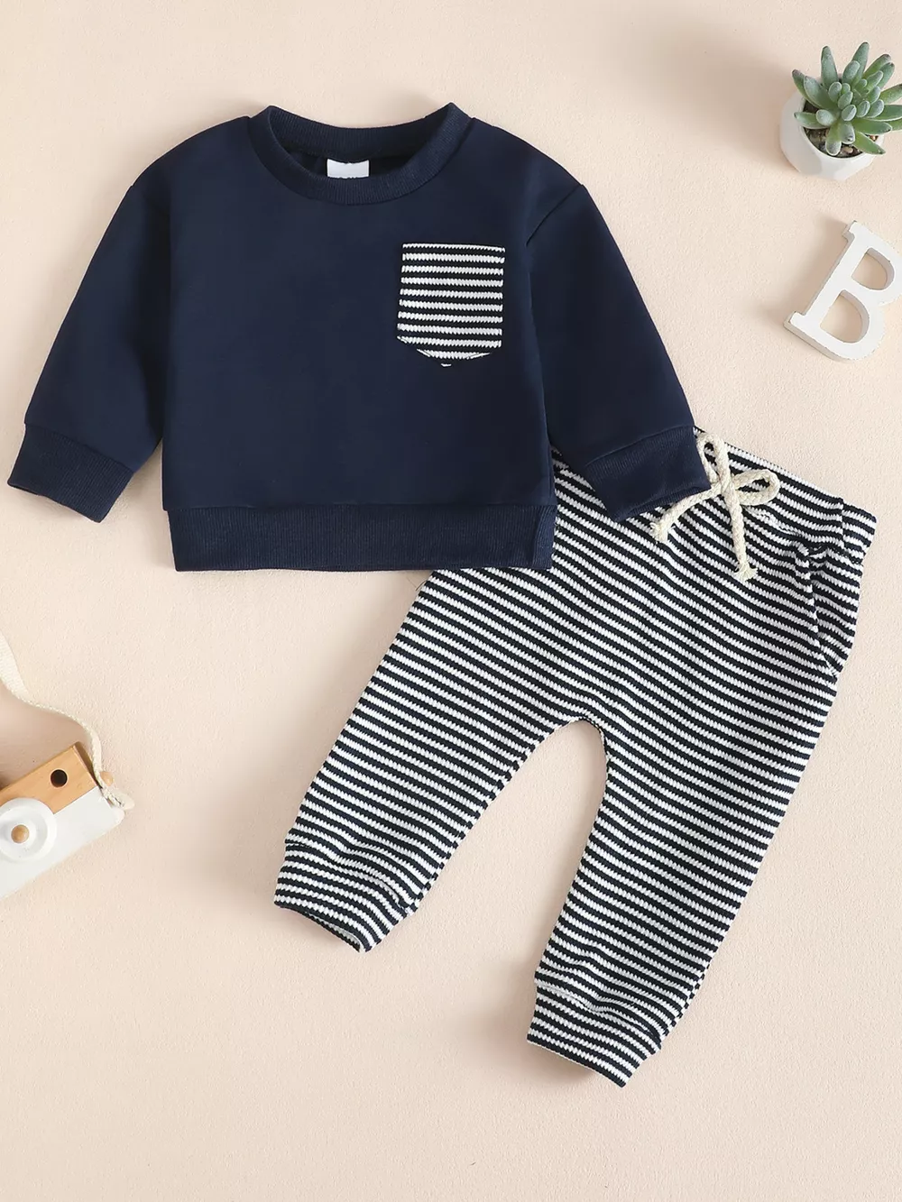 Children's Striped Pocket Sweatshirt & Pants Set