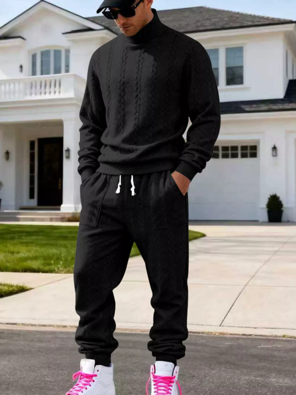 Men's Full Size Cable Knit Mock Neck Sweater and Joggers Set Plus Size, image 7