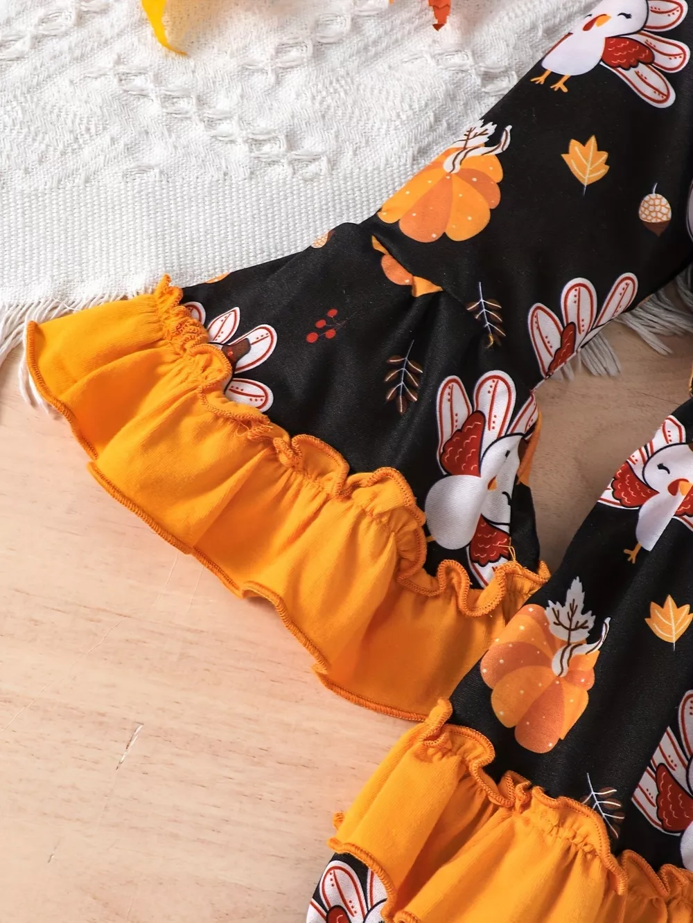 Children's Thanksgiving Turkey Print Ruffle Hem Long Sleeve Dress, image 5