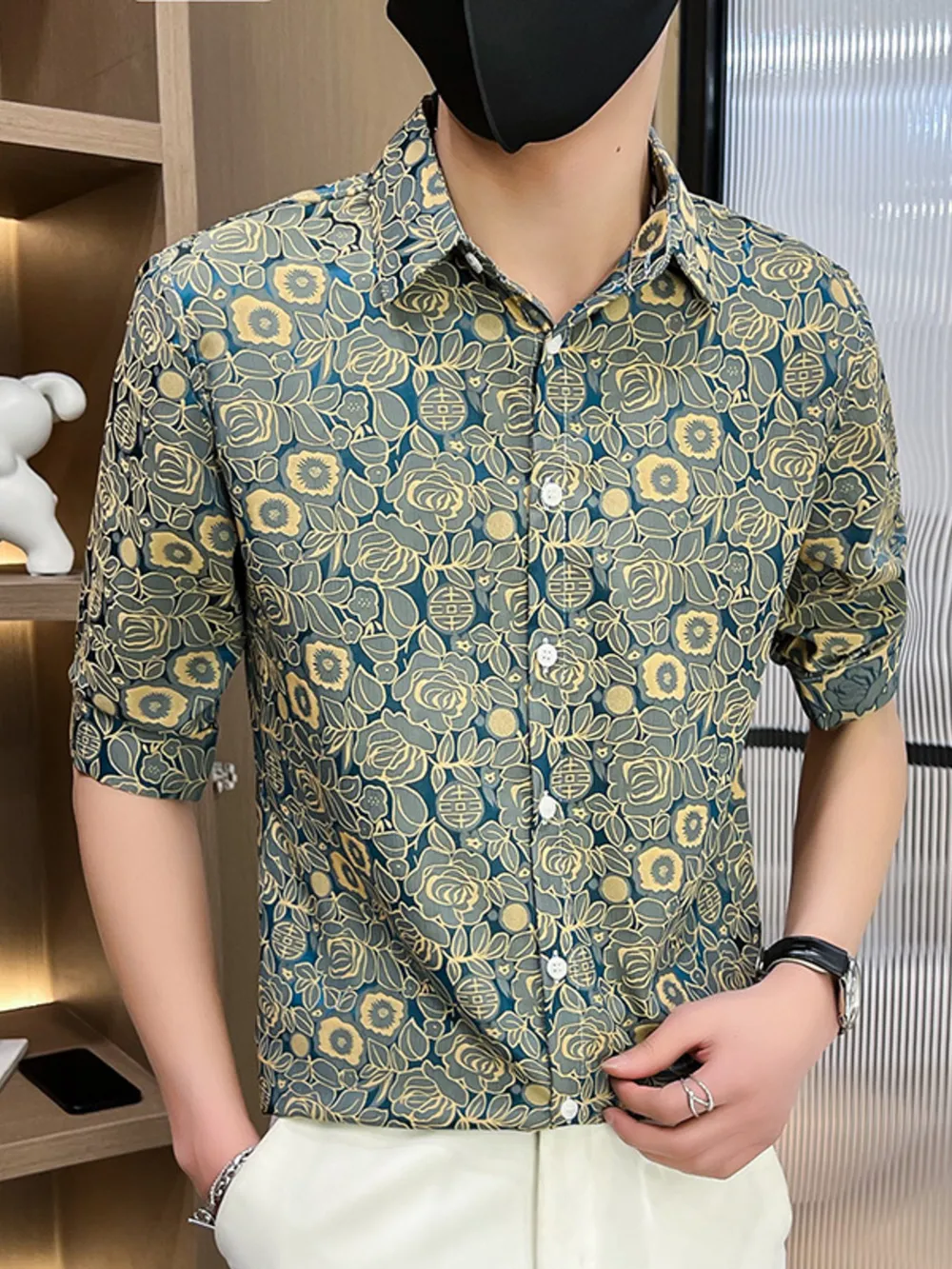 Men's Plus Size Floral Lace Slim Fit Shirt, image 4