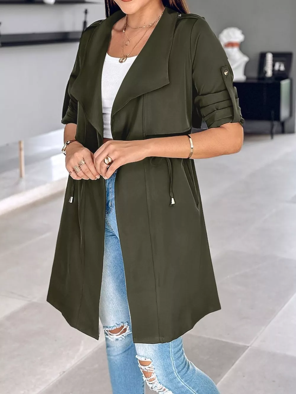 Drape Collar Lightweight Trench Coat, image 19