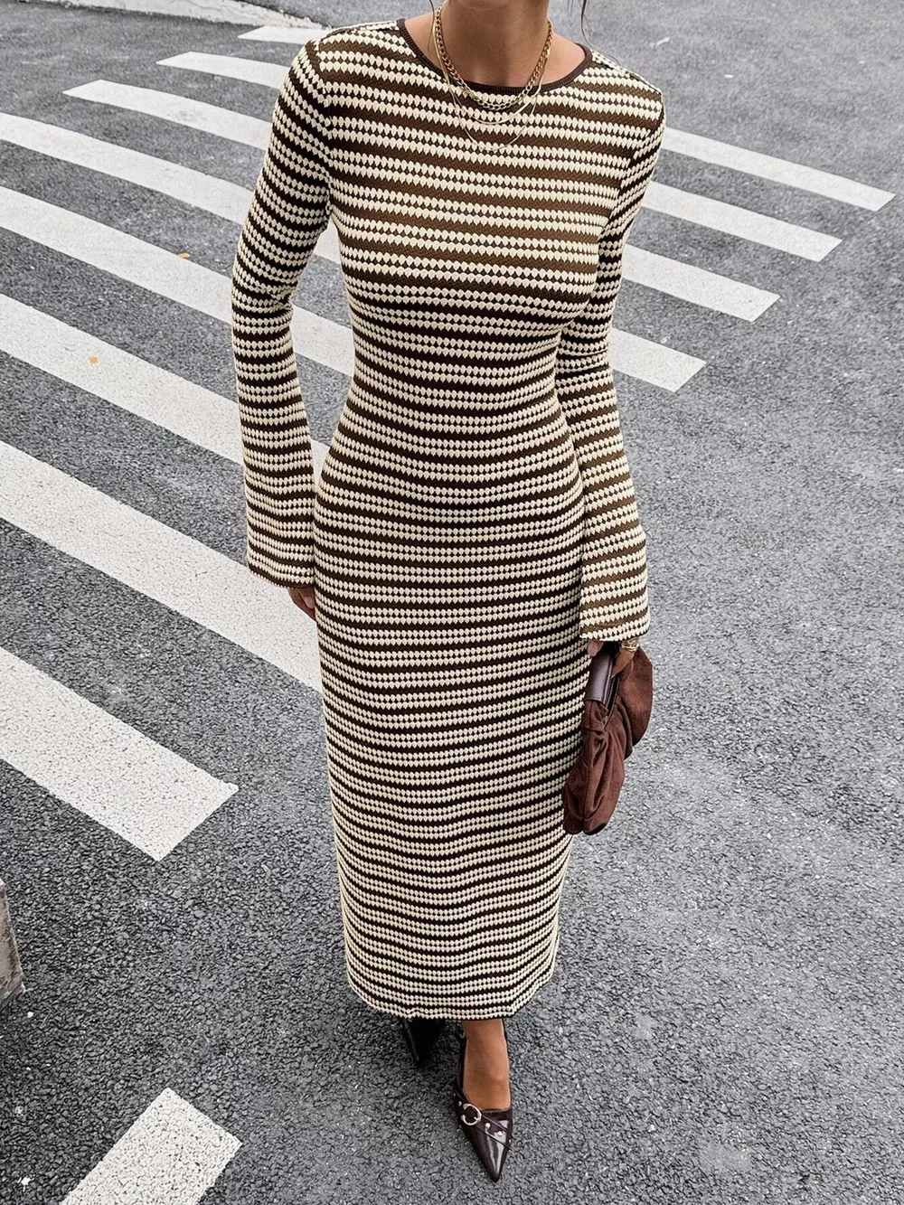 Backless Striped Ribbed Knit Maxi Dress with Flared Sleeves, image 5