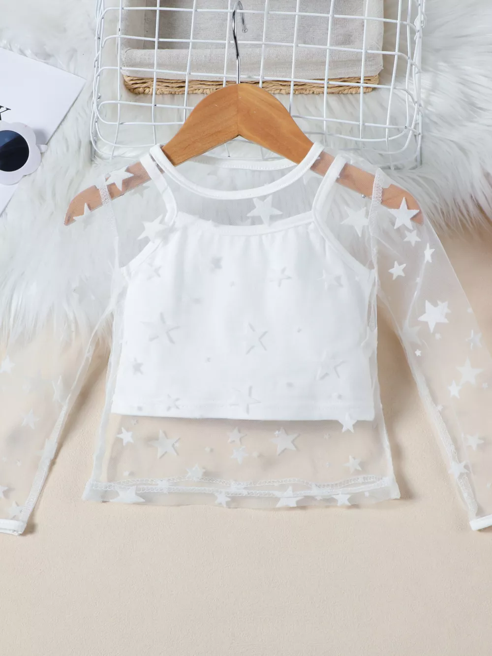 Children's Cami & Star Print Mesh Top & Ruffle Denim Skirt Set, image 4