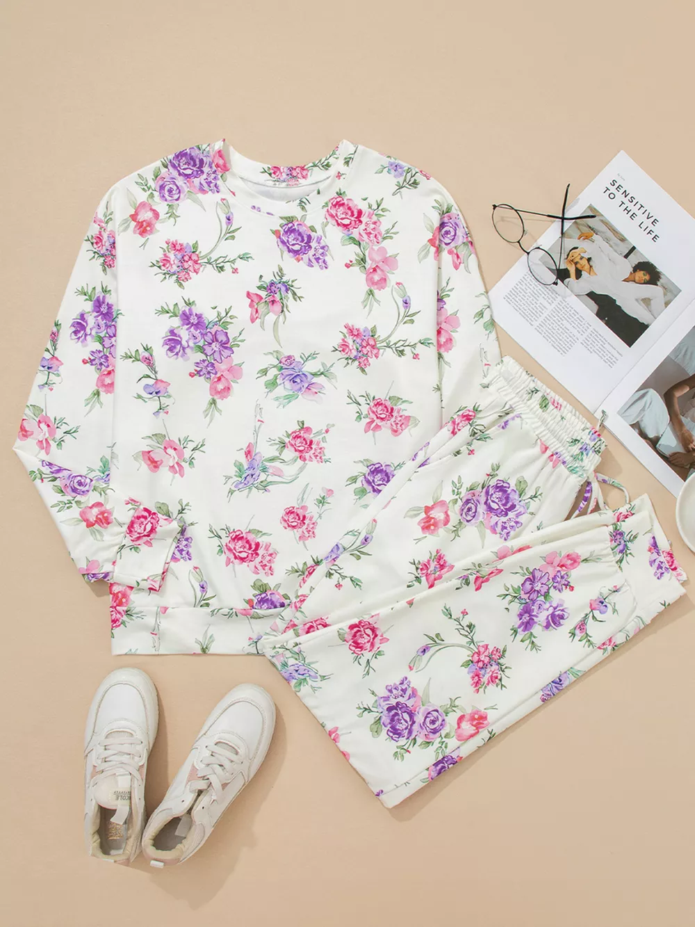 Floral Print Round Neck Top and Drawstring Pants Lounge Set, image 4