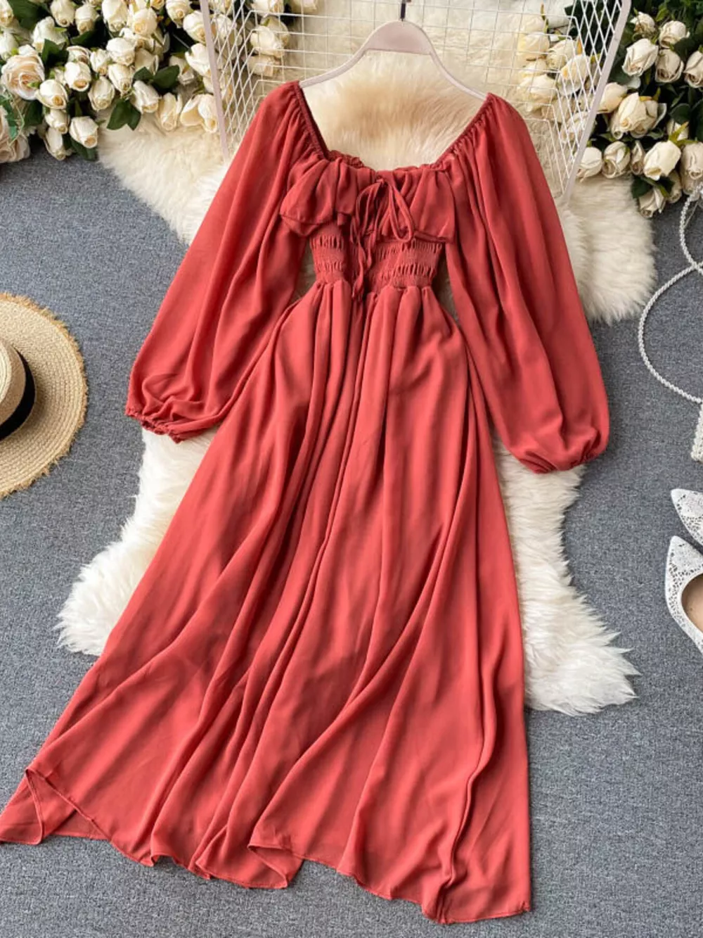 Ruffle Square Neck Balloon Sleeve A-Line Dress, image 17