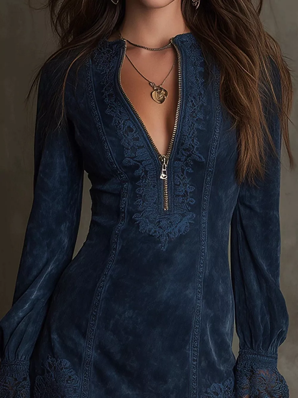 Full Size Zip-Front Long Sleeve Mini Dress Plus Size, image 3