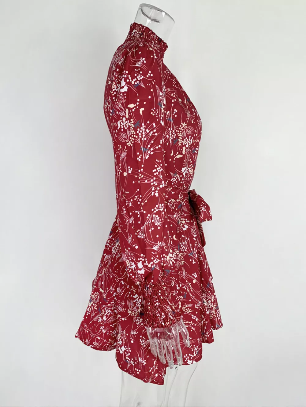 Plus Size Floral Print Mock Neck Long Sleeve Ruffle Hem Mini Dress, image 7