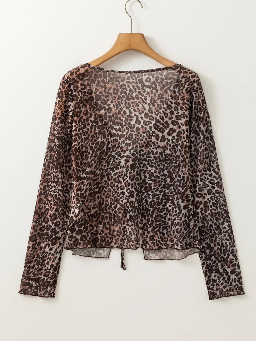 Leopard Sheer Mesh Long Sleeve V Neck Lace-Up Blouse, image 8