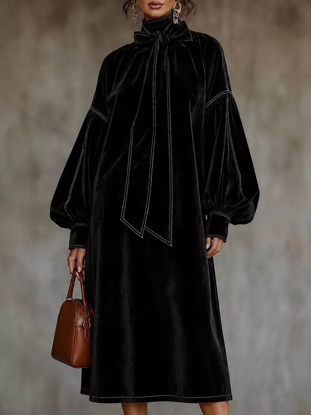 Full Size Velvet Tie-Neck Lantern Sleeve Midi Dress Plus Size