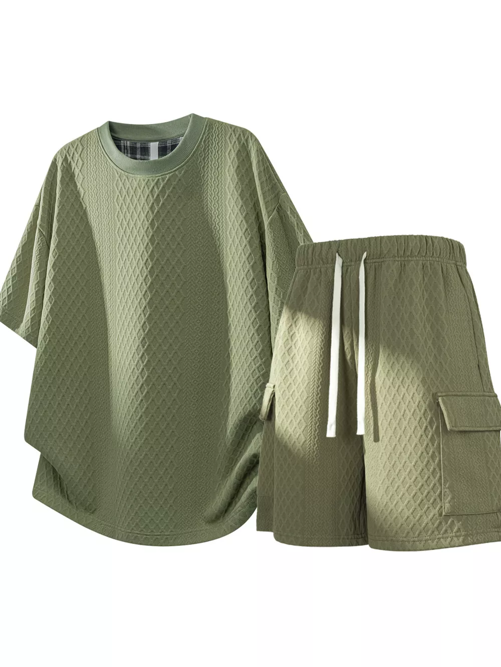 Men's Plus Size Textured Casual Top and Shorts Set