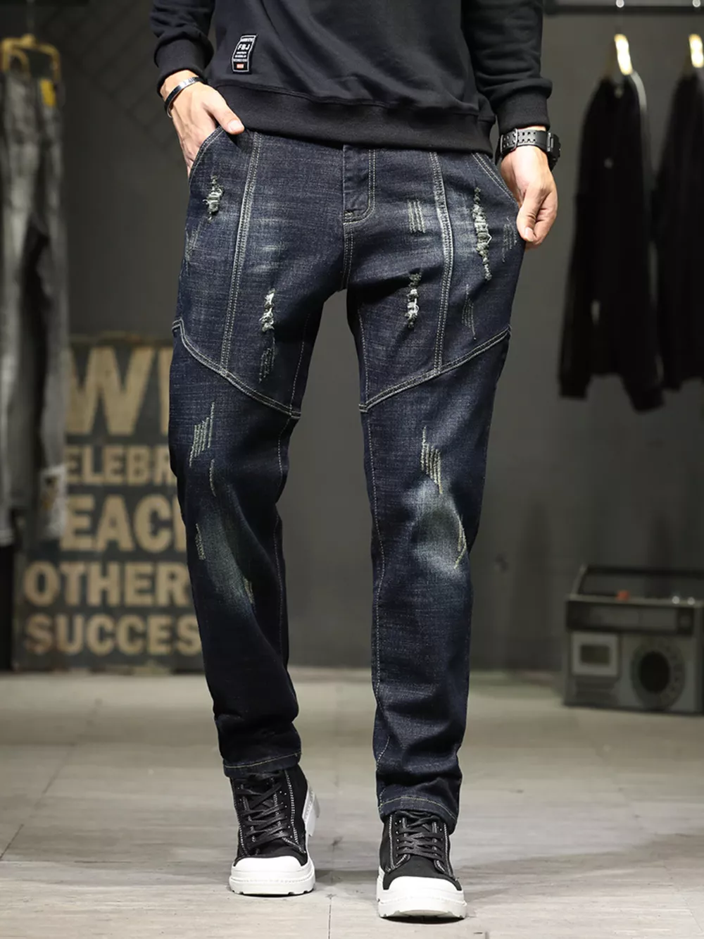 Men's Distressed Slim Fit Wash Jeans, image 2