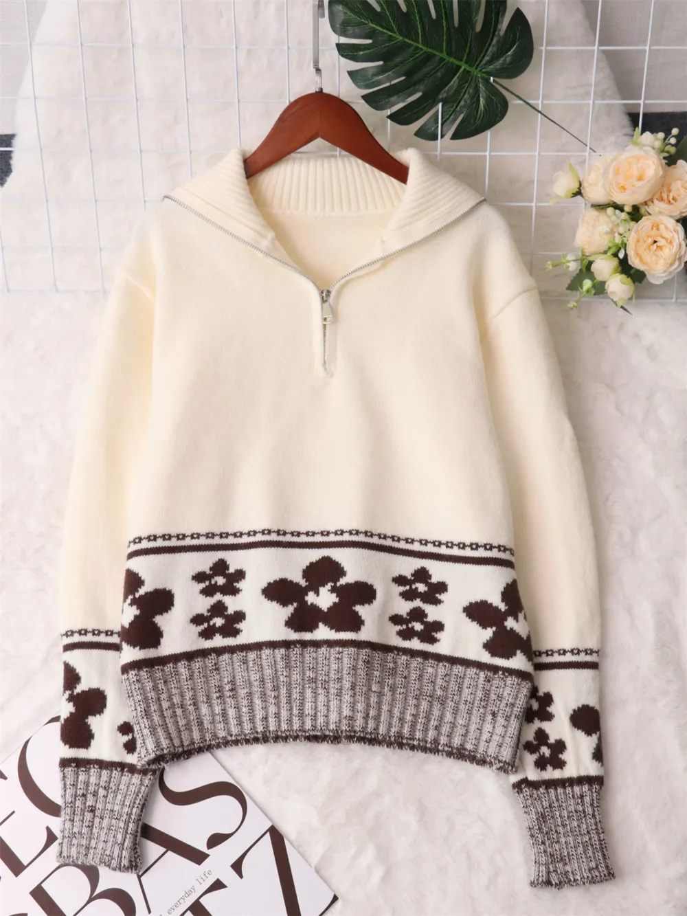 Flower Zip Collar Long Sleeve Sweater, image 8