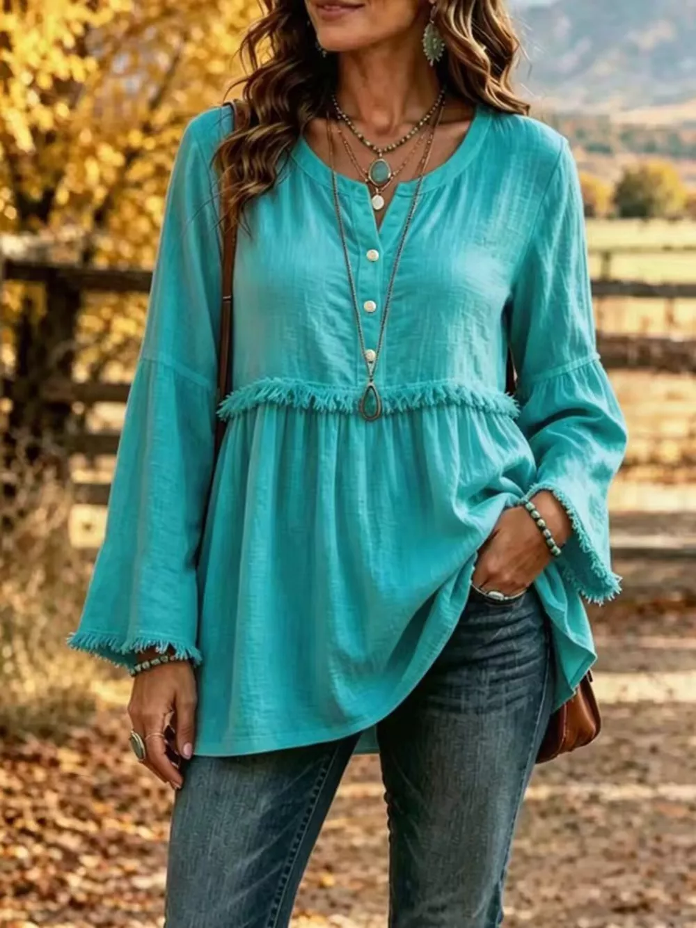Full Size Fringed Button Detail Blouse Plus Size, image 5