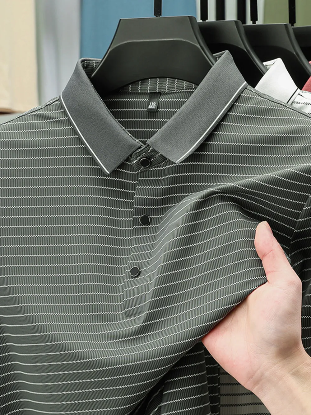 Men's Full Size Striped Button Detail Short Sleeve Polo Plus Size, image 8