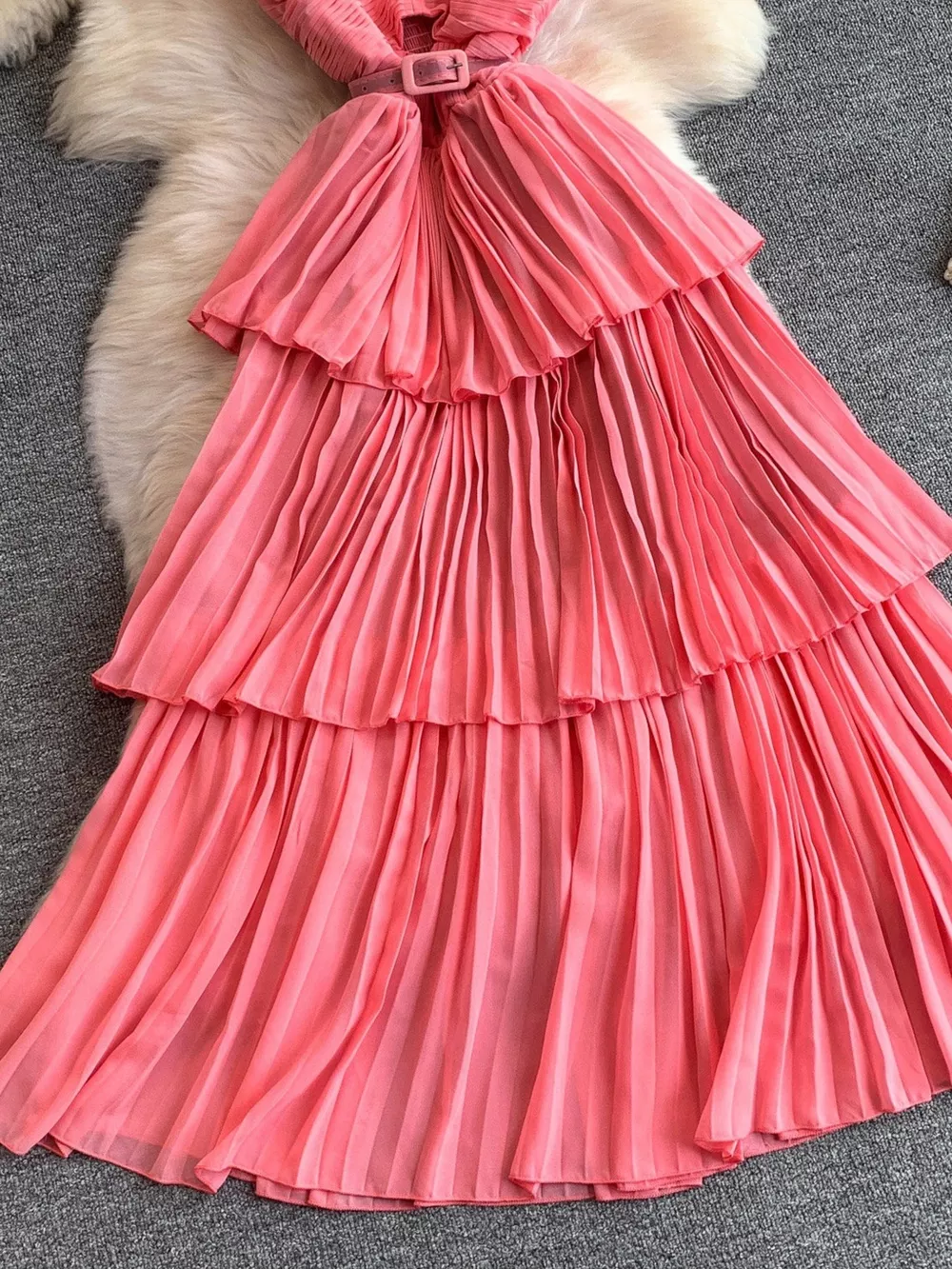Pleated Layered Spaghetti Strap Midi Dress, image 7