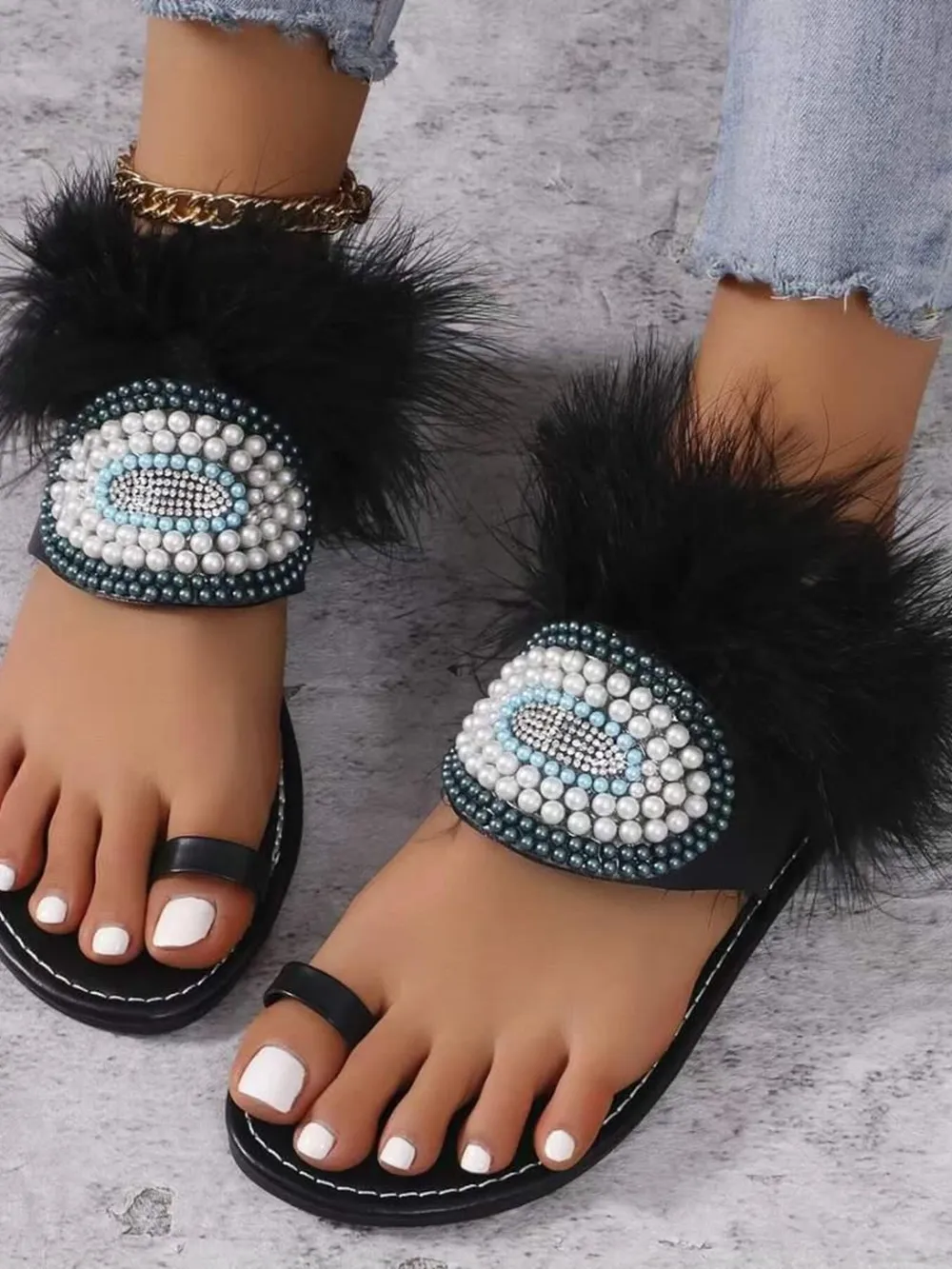 Toe Loop Fur Trim Flat Sandals, image 3