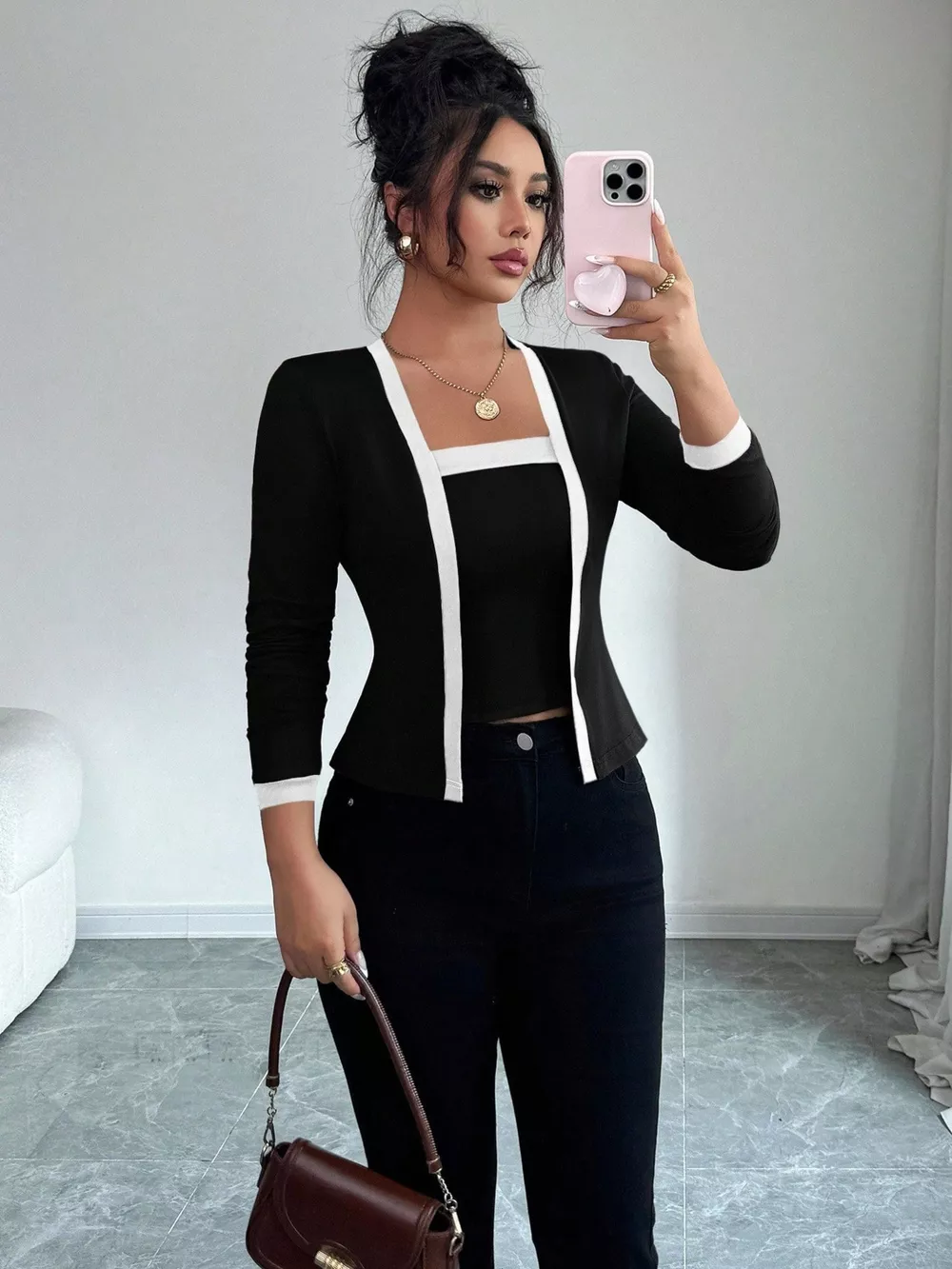 Contrast Trim Cardigan & Tank Top Set, image 3