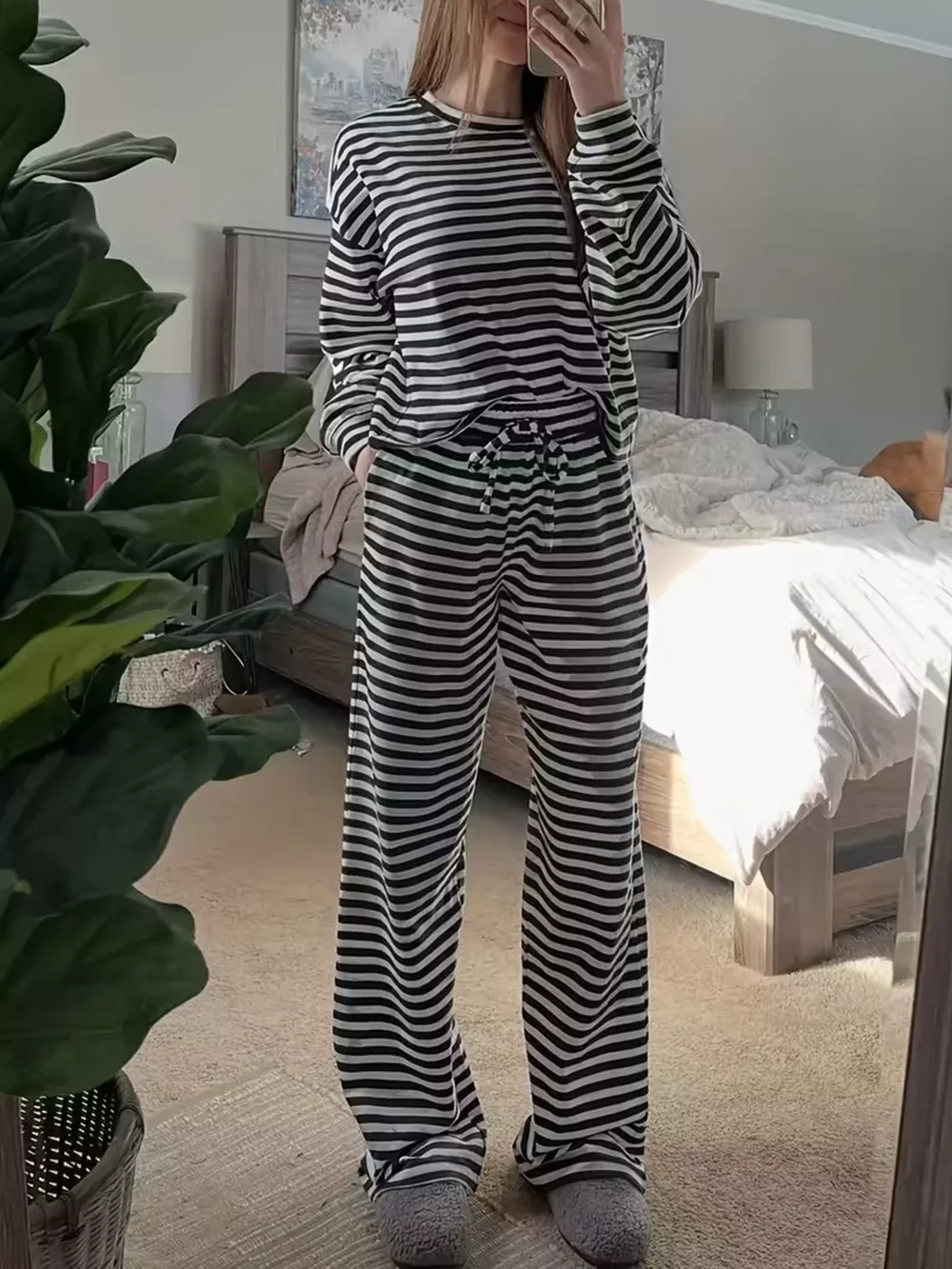Striped Dropped Shoulder Top and Pants Set, image 2