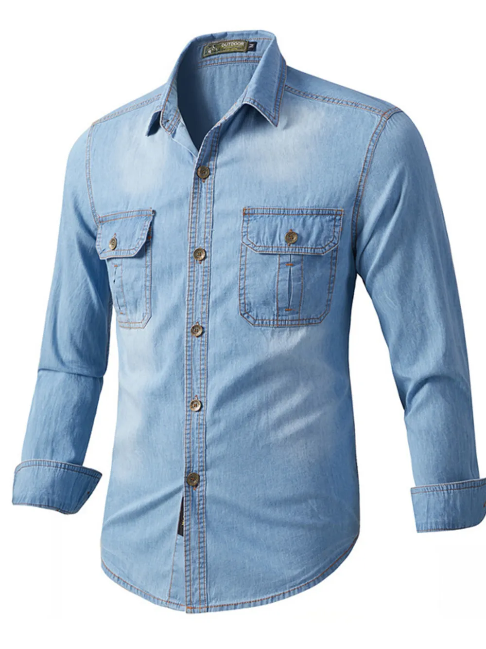 Men's Plus Size Vintage Wash Long Sleeve Denim Shirt, image 2