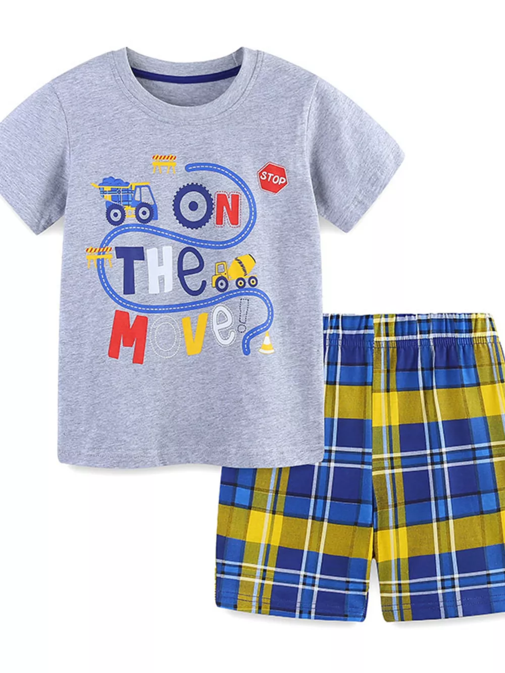 Children's Construction Truck & Traffic Sign Graphic T-Shirt and Plaid Shorts Set
