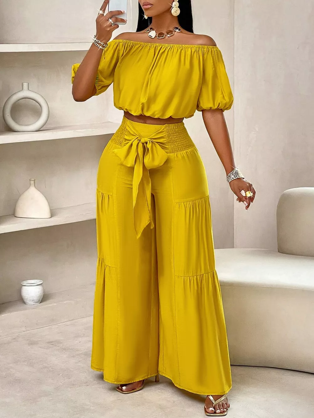 Elegant Off-Shoulder Crop Top and Ruched Wide Leg Pants Set, image 4