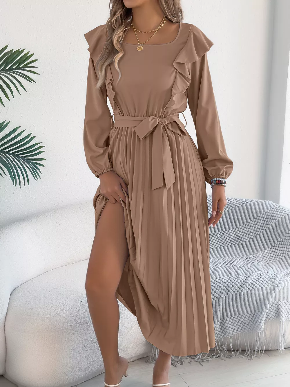 Ruffle Trim Pleated A-Line Midi Dress, image 15