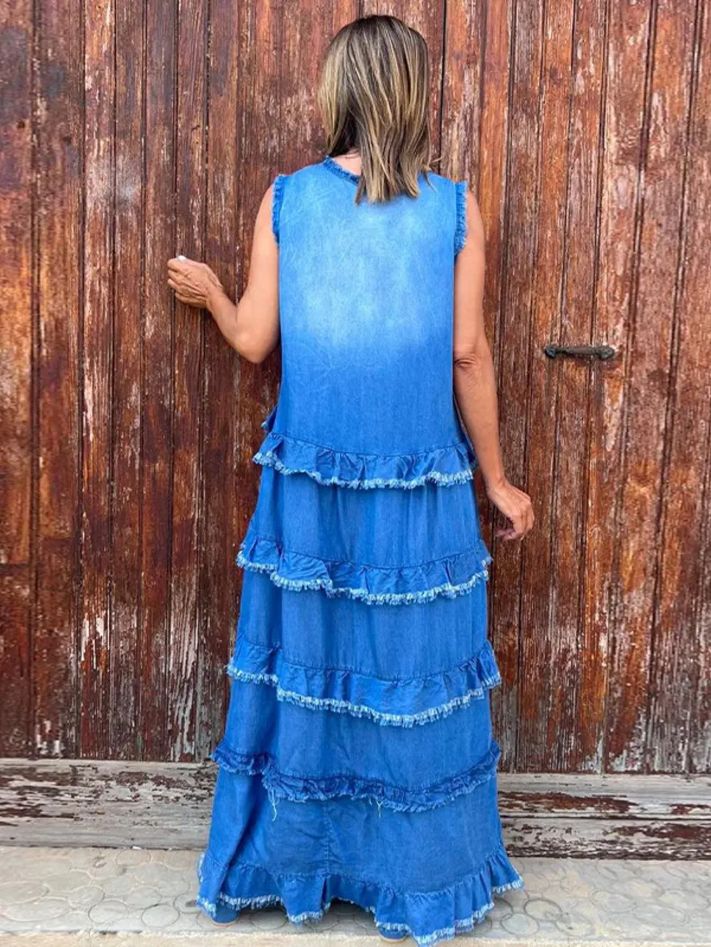 Raw Hem Layered Denim Maxi Dress, image 4