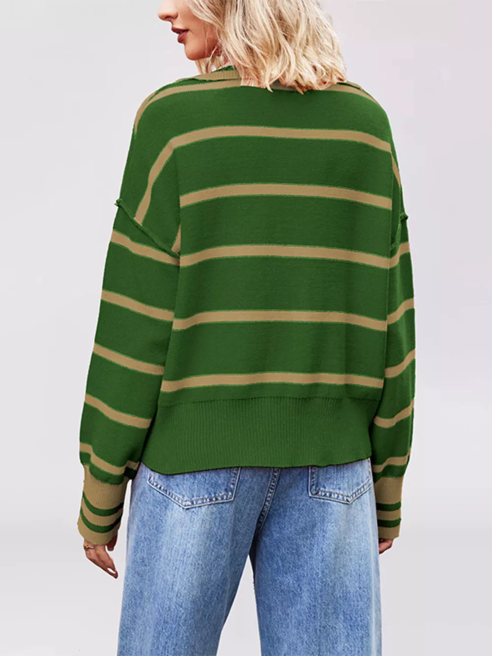 Striped Johnny Collar Dropped Shoulder Sweater, image 8