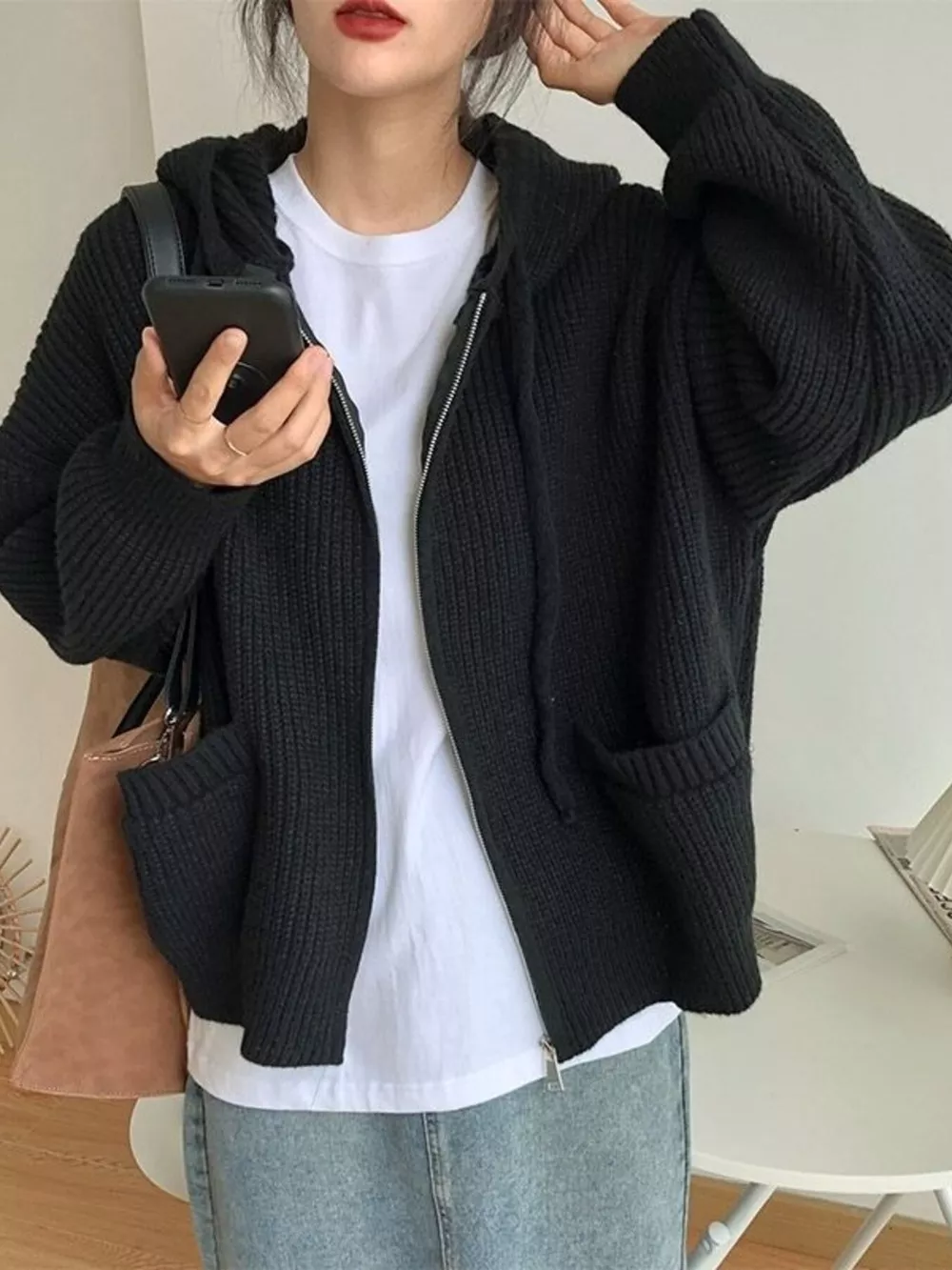 Casual Knitted Zip-Up Hooded Cardigan, image 9